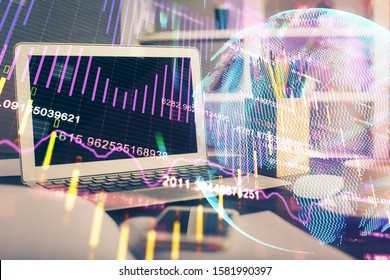 Multi exposure of forex graph and work space with computer. Concept of international online trading.