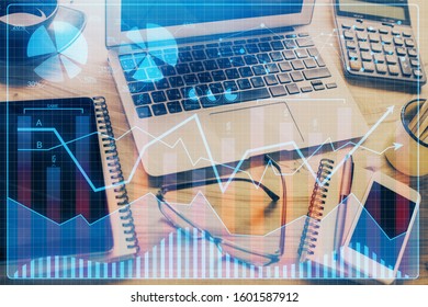 Multi exposure of forex graph and work space with computer. Concept of international online trading.