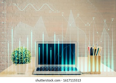 Multi exposure of forex graph and work space with computer. Concept of international online trading.