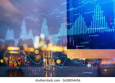 Multi exposure of forex graph and work space with computer. Concept of international online trading.