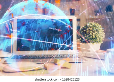 Multi exposure of forex graph and work space with computer. Concept of international online trading.