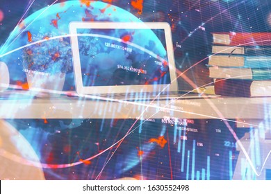 Multi exposure of forex graph and work space with computer. Concept of international online trading.