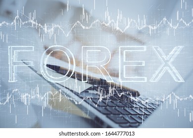 Multi exposure of forex graph and work space with computer. Concept of international online trading.