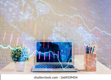 Multi exposure of forex graph and work space with computer. Concept of international online trading.