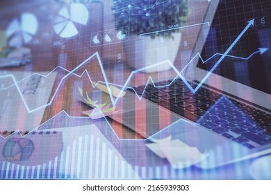 Multi exposure of forex graph and work space with computer. Concept of international online trading.