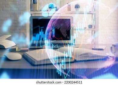 Multi exposure of forex graph and work space with computer. Concept of international online trading.