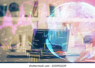 Multi exposure of forex graph and work space with computer. Concept of international online trading.