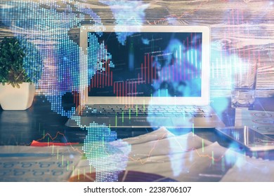 Multi exposure of forex graph and work space with computer. Concept of international online trading.