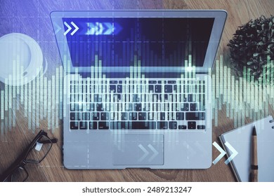 Multi exposure of forex graph and work space with computer. Concept of international online trading.