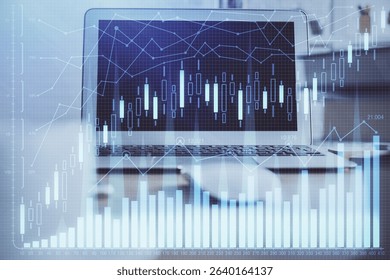 Multi exposure of forex graph and work space with computer. Concept of international online trading.