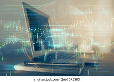 Multi exposure of forex graph and work space with computer. Concept of international online trading.