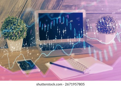 Multi exposure of forex graph and work space with computer. Concept of international online trading.