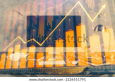 Multi exposure of forex graph and work space with computer. Concept of international online trading.