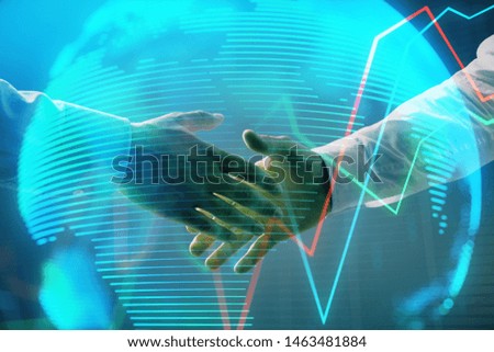Multi exposure of forex graph and world map on abstract background with two businessmen handshake. Concept of success on international markets