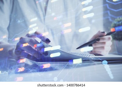 Multi exposure of hands making notes with digital coding icons. Computer learning concept.