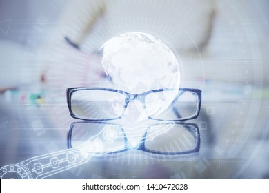Multi exposure of hands making notes with world map hologram and data theme icons. Concept of global computer data.