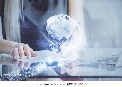 Multi exposure of hands making notes with world map hologram and data theme icons. Concept of global computer data. - Powered by Shutterstock - Get 15% off with code: PIKWIZARD15