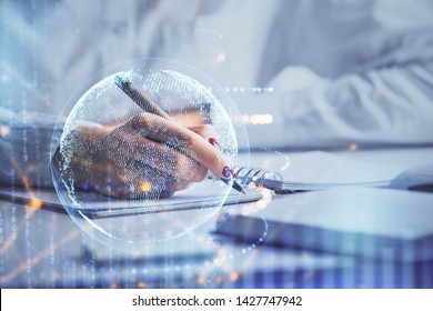 Multi exposure of hands making notes with world map hologram and data theme icons. Concept of global data.