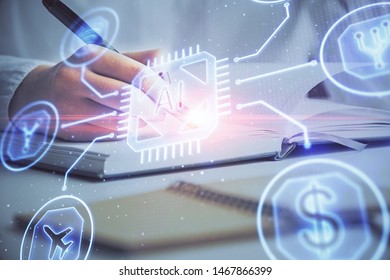 Multi exposure of hands making notes with world map hologram and data theme icons. Concept of global data.