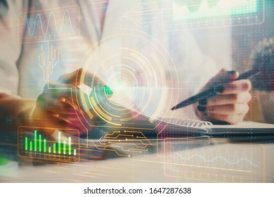 Multi exposure of hands making notes with digital coding icons. Computer learning concept.