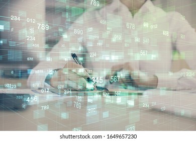Multi exposure of hands making notes with digital coding icons. Computer learning concept.
