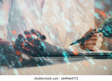Multi exposure of hands making notes with digital coding icons. Computer learning concept.