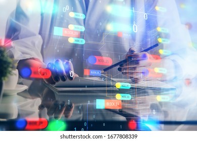 Multi exposure of hands making notes with digital coding icons. Computer learning concept.