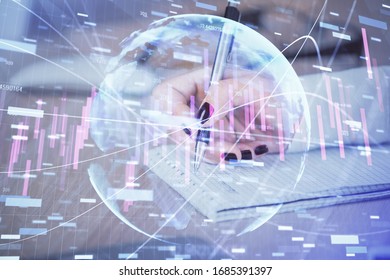 Multi exposure of hands making notes with forex chart huds. Stock market concept.