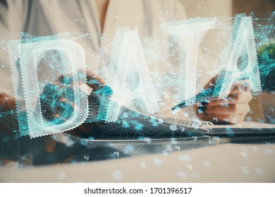 Multi exposure of hands making notes with digital coding icons. Computer learning concept.