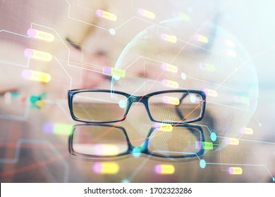 Multi exposure of hands making notes with world map hologram and data theme icons. Concept of global computer data.