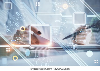 Multi exposure of hands making notes with digital coding icons. Computer learning concept.