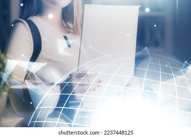 Multi exposure of hands making notes with world map hologram and data theme icons. Concept of global data.