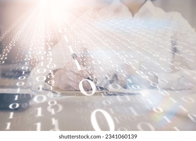 Multi exposure of hands making notes with digital coding icons. Computer learning concept.