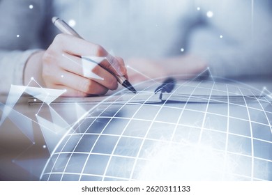 Multi exposure of hands making notes with world map hologram and data theme icons. Concept of global computer data.