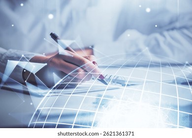 Multi exposure of hands making notes with world map hologram and data theme icons. Concept of global data.