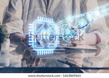 Multi exposure of hands making notes with digital coding icons. Computer learning concept.