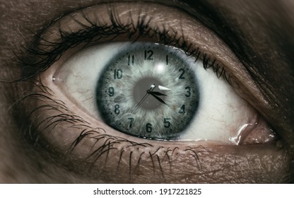 Multi exposure with human eye and clock. Human ageing concept.