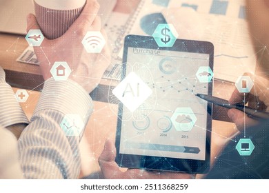 Multi exposure of man's hands holding and using a digital device and data theme drawing. Innovation concept.
