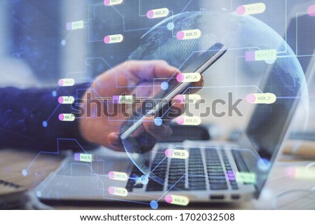 Multi exposure of man's hands holding and using a digital device and data theme drawing. Innovation concept.