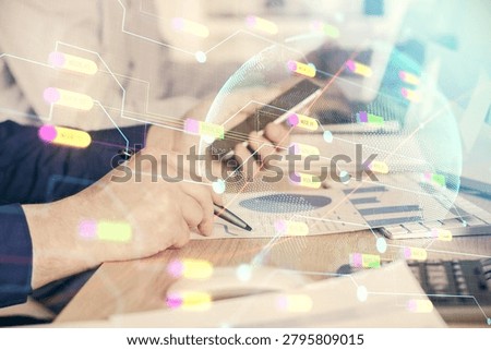 Multi exposure of man's hands holding and using a digital device and map drawing. International business concept.
