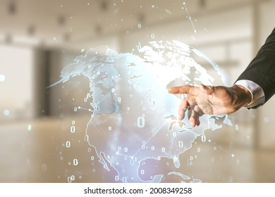 Multi exposure of programmer's hand clicks on abstract graphic coding sketch and world map on blurred office background, big data and networking concept