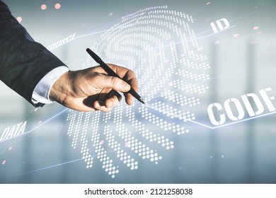 Multi exposure of programmer's hand with pen working with virtual abstract fingerprint illustration on blurred office background, digital access concept
