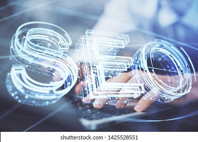 Multi exposure of seo icon with man working on computer on background. Concept of search engine optimization. - Shutterstock ID 1425528551