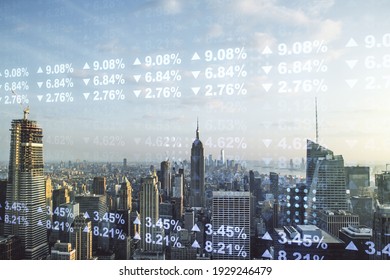 Multi Exposure Of Stats Data Illustration On New York City Skyline Background, Computing And Analytics Concept