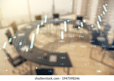 Multi exposure of stats data illustration on a modern conference room background, computing and analytics concept
