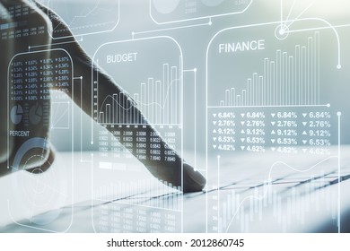 Multi exposure of stats data illustration with hands typing on computer keyboard on background, computing and analytics concept