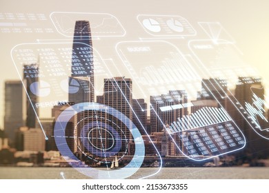 Multi exposure of stats data illustration on San Francisco city skyline background, computing and analytics concept