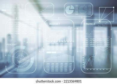 Multi Exposure Of Stats Data Illustration On Empty Corporate Office Background, Computing And Analytics Concept