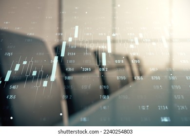 Multi exposure of stats data illustration on a modern conference room background, computing and analytics concept