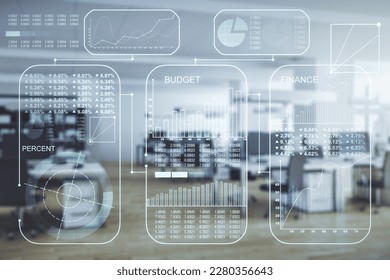 Multi exposure of stats data illustration on a modern furnished office background, computing and analytics concept